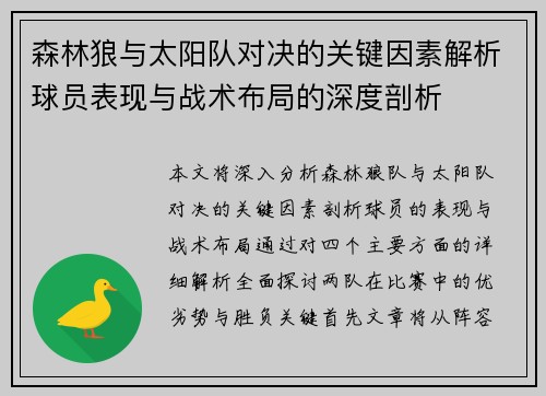 森林狼与太阳队对决的关键因素解析球员表现与战术布局的深度剖析