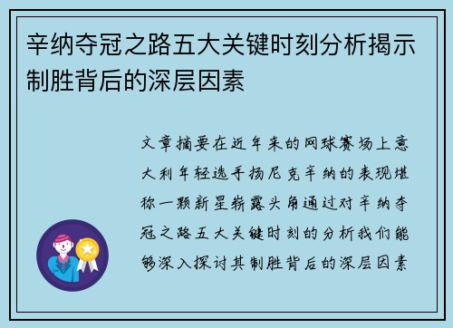 辛纳夺冠之路五大关键时刻分析揭示制胜背后的深层因素