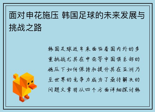 面对申花施压 韩国足球的未来发展与挑战之路