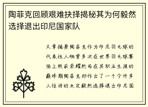 陶菲克回顾艰难抉择揭秘其为何毅然选择退出印尼国家队