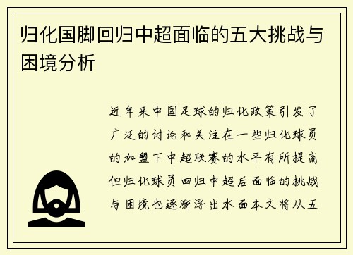 归化国脚回归中超面临的五大挑战与困境分析